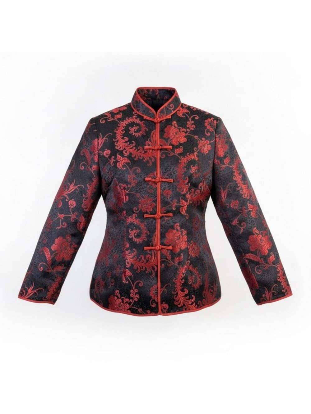 Women Black Red Brocade Floral Mandarin Jacket Laced Up